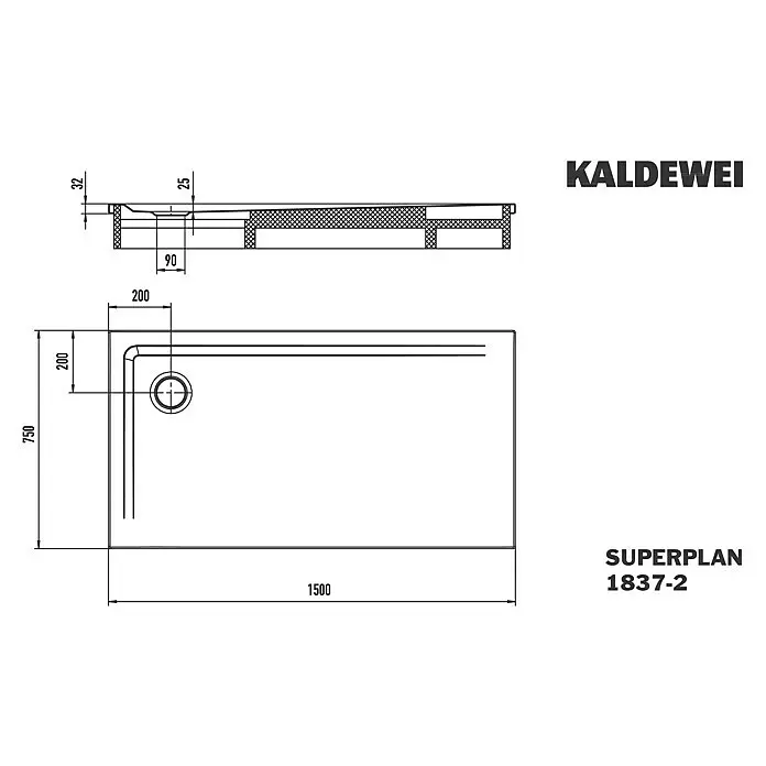 Kaldewei Duschwannen-Set Superplan - L x B: 75 x 150 cm, Stahl, Weiß, Wannenträger - Rechteckige Kaldewei Superplan Duschwanne (1500x750mm) mit integriertem Ablauf. Technische Zeichnung.