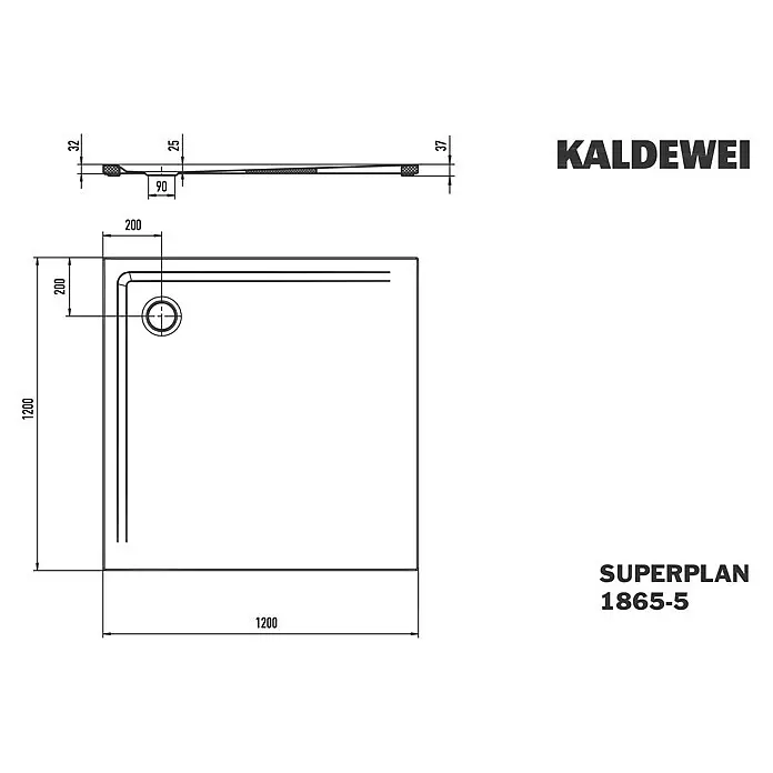 Kaldewei Duschwannen-Set Superplan 1865-5 - L x B: 120 x 120 cm, Stahl, Weiß, Wannenträger, Extraflach - Technische Zeichnung Duschwanne Kaldewei Superplan 1865-5, 1200x1200mm, mit Mittelablauf. Maße enthalten.