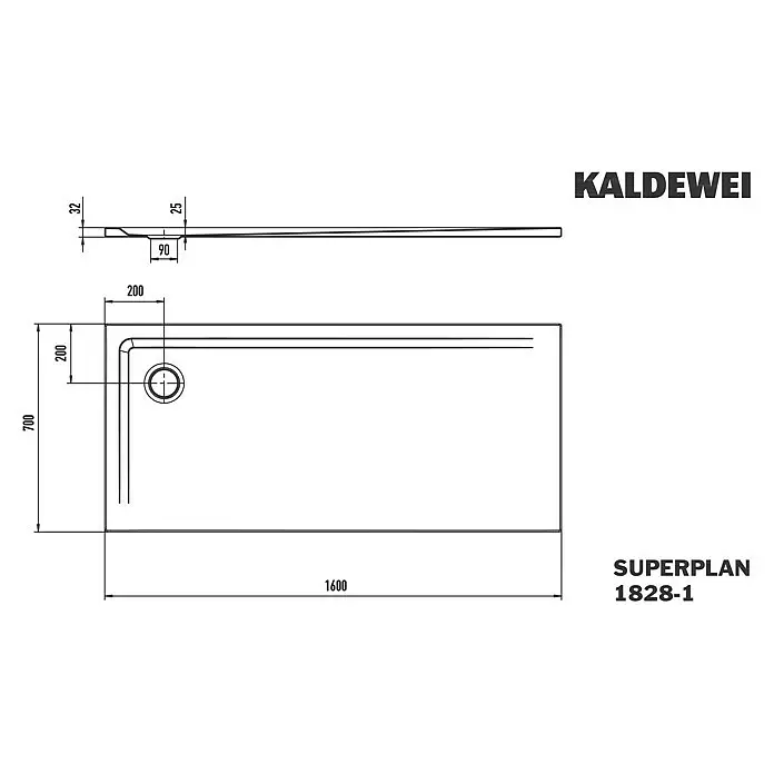 Kaldewei Duschwanne Superplan 1828-1 - L x B: 70 x 160 cm, Stahl, Weiß - Kaldewei Superplan 1828-1 Rechteck-Duschwanne technische Zeichnung mit Maßen, flaches Profil, integrierter Ablauf.