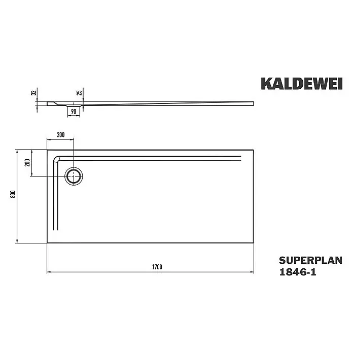 Kaldewei Duschwanne Superplan 1846-1 - L x B: 80 x 170 cm, Stahl, Weiß - Kaldewei Superplan 1846-1 Duschtasse, technische Zeichnung mit Maßen: 1700x800mm, Höhe 32mm, Ablauf 90mm.