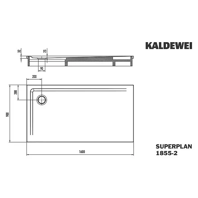 Kaldewei Duschwannen-Set Superplan - L x B: 90 x 160 cm, Stahl, Weiß, Wannenträger - Technische Zeichnung einer rechteckigen Duschwanne, KALDEWEI SUPERPLAN 1855-2, mit Ablauf, Maße 1600x900 mm.