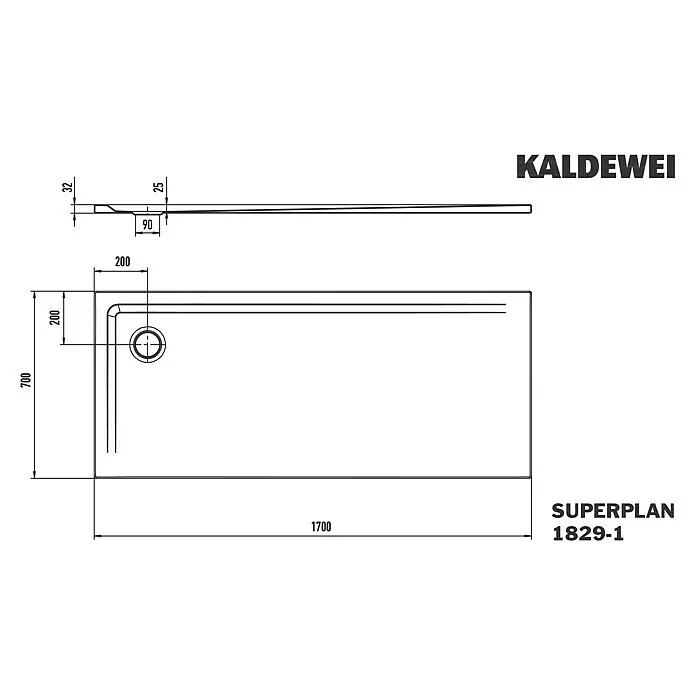 Kaldewei Duschwanne Superplan 1829-1 - L x B: 70 x 170 cm, Stahl, Weiß - Technische Zeichnung einer rechteckigen Duschwanne, Aufsicht und Seitenansicht mit Maßen (1700x700mm), KALDEWEI SUPERPLAN 1829-1.