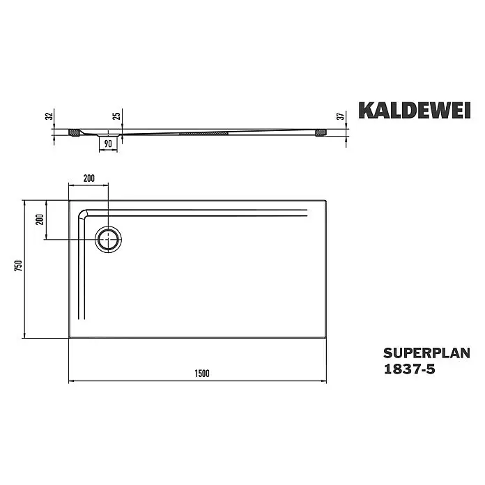 Kaldewei Duschwannen-Set Superplan 1837-5 - L x B: 75 x 150 cm, Stahl, Weiß, Wannenträger, Extraflach - Technische Zeichnung einer Kaldewei Superplan Duschwanne mit Maßen: Draufsicht, Seitenansicht und Ablaufdetails.