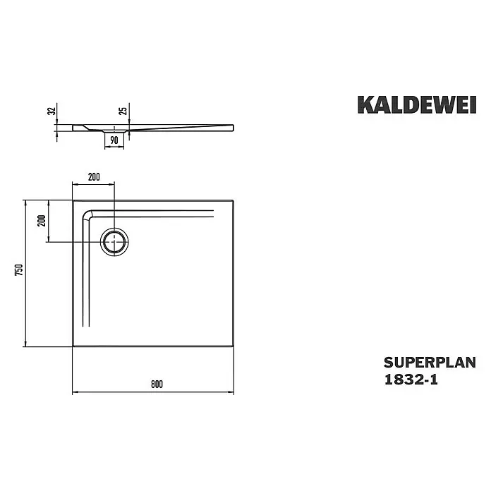 Kaldewei Duschwanne Superplan 1832-1 - L x B: 75 x 80 cm, Stahl, Weiß - Technische Zeichnung einer rechteckigen KALDEWEI Duschwanne, 800x750mm, mit Eckablauf. Höhe 32mm.