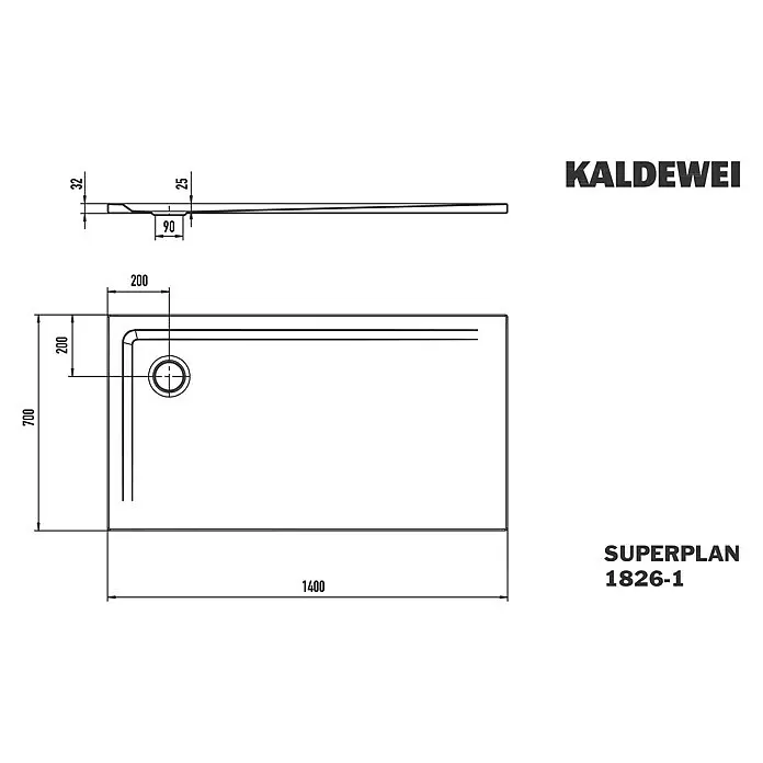 Kaldewei Duschwanne Superplan 1826-1 - L x B: 70 x 140 cm, Stahl, Weiß - Technische Zeichnung einer rechteckigen Duschwanne KALDEWEI SUPERPLAN 1826-1, 1400x700mm, mit Ablaufposition und Seitenansicht.