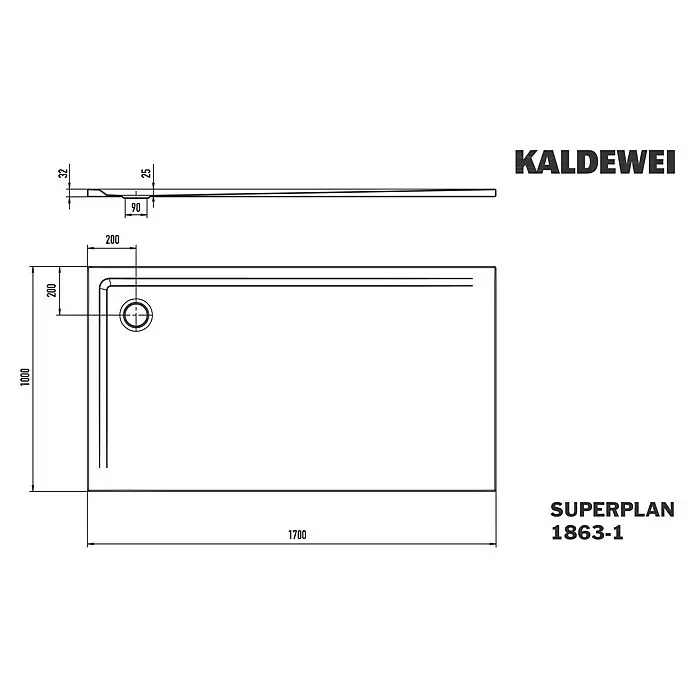 Kaldewei Duschwanne Superplan 1863-1 - L x B: 100 x 170 cm, Stahl, Weiß - Rechteckige Duschwanne (1700x1000mm) mit Ablauf, Maße.