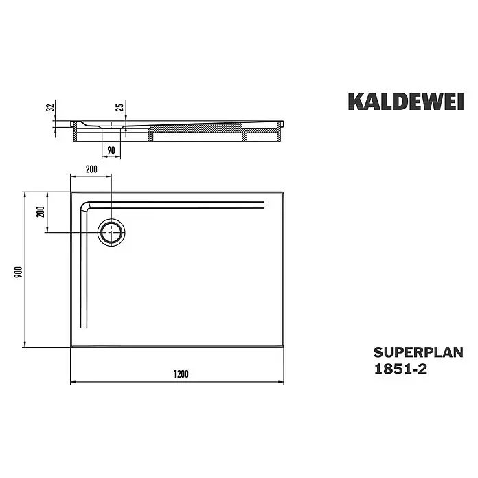 Kaldewei Duschwannen-Set Superplan - L x B: 90 x 120 cm, Stahl, Weiß, Wannenträger - Technische Zeichnung einer Kaldewei Superplan Duschwanne, 1200x900 mm, 32mm hoch, mit integriertem 90mm Ablauf (200x200mm von der Ecke).