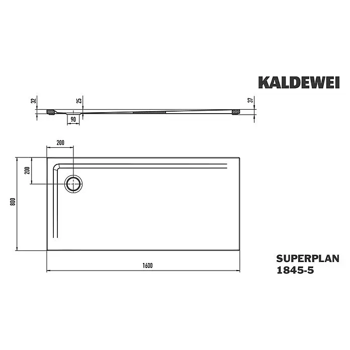 Kaldewei Duschwannen-Set Superplan 1845-5 - L x B: 80 x 160 cm, Stahl, Weiß, Wannenträger, Extraflach - Technische Zeichnung einer rechteckigen Duschwanne, 1600x800 mm, mit Querschnitt und Höhenangaben von 25-32 mm.