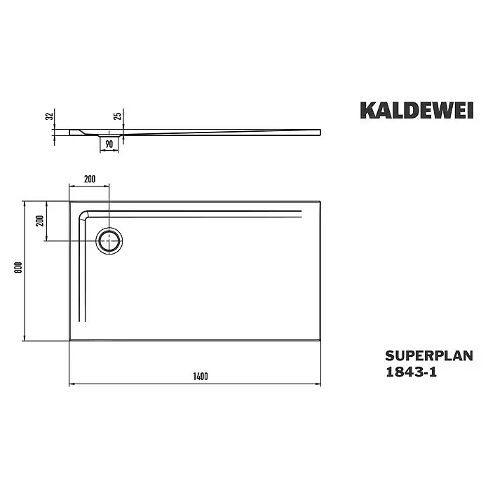 Kaldewei Duschwanne Superplan 1843-1 - L x B: 80 x 140 cm, Stahl, Weiß - Technische Zeichnung einer Kaldewei Superplan 1843-1 Duschwanne, 1400x800 mm, mit Schnittansicht und 32 mm Höhe.