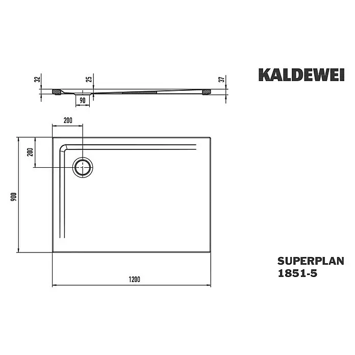 Kaldewei Duschwannen-Set Superplan 1851-5 - L x B: 90 x 120 cm, Stahl, Weiß, Wannenträger, Extraflach - Technische Zeichnung einer rechteckigen Kaldei Superplan 1851-5 Duschwanne mit Hauptabmessungen 1200x900 mm und versetzter Ablaufposition.
