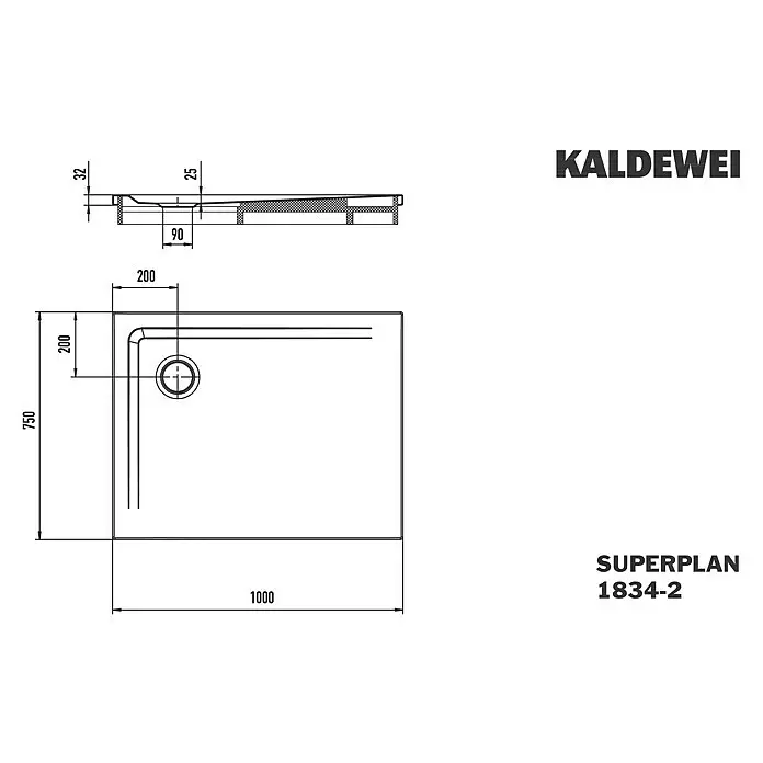 Kaldewei Duschwannen-Set Superplan - L x B: 75 x 100 cm, Stahl, Weiß, Wannenträger - Technische Zeichnung einer rechteckigen Kaldewei Superplan 1834-2 Duschwanne, 1000x750mm, mit Eckablauf und Höhenangaben.