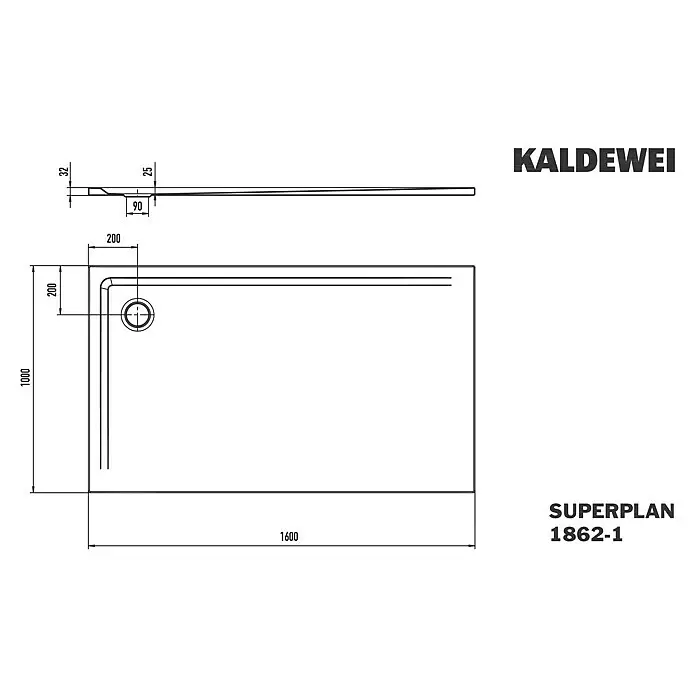 Kaldewei Duschwanne Superplan 1862-1 - L x B: 100 x 160 cm, Stahl, Weiß - Technische Zeichnung einer rechteckigen Kaldewei Superplan Duschwanne, 1600x1000mm, mit mittigem Ablauf, in Draufsicht und Seitenansicht.