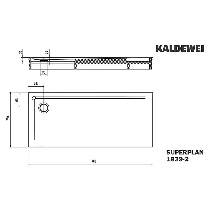 Kaldewei Duschwannen-Set Superplan - L x B: 75 x 170 cm, Stahl, Weiß, Wannenträger - Kaldei SUPERPLAN 1839-2 rechteckige Duschwanne, mit integriertem Ablauf und Maßen 1700x750mm.