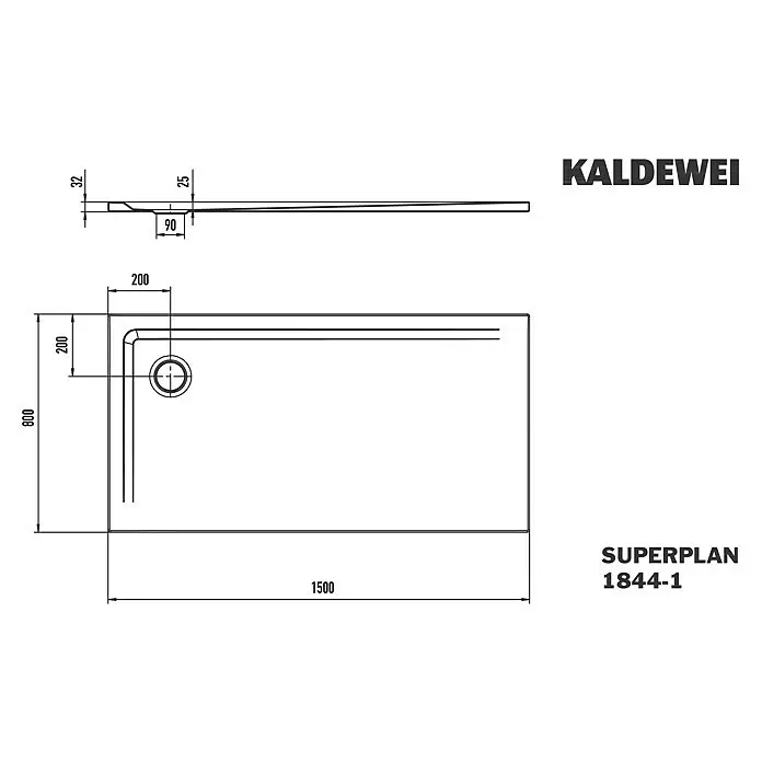 Kaldewei Duschwanne Superplan 1844-1 - L x B: 80 x 150 cm, Stahl, Weiß - Technische Zeichnung einer KALDEWEI SUPERPLAN 1844-1 rechteckigen Duschwanne mit integriertem Ablauf und Maßen.
