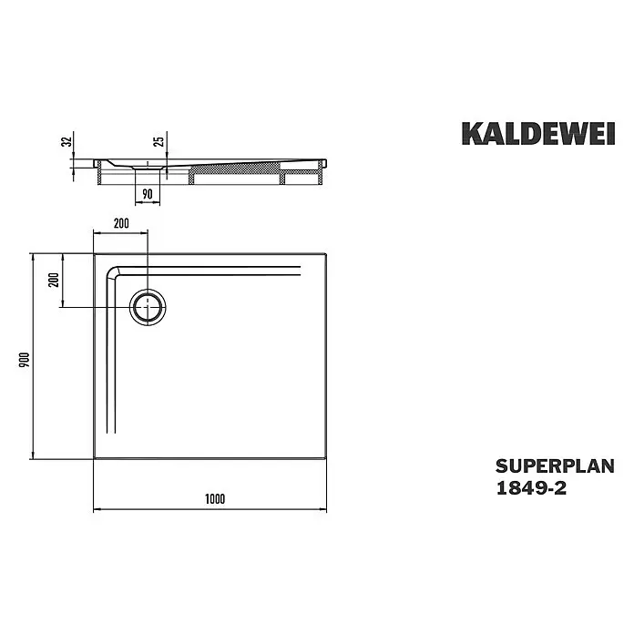Kaldewei Duschwannen-Set Superplan - L x B: 90 x 100 cm, Stahl, Weiß, Wannenträger - Technische Zeichnung einer Kaldewei Superplan Duschwanne, 1000x900 mm, mit Ablaufdetails und 32 mm Tiefe.