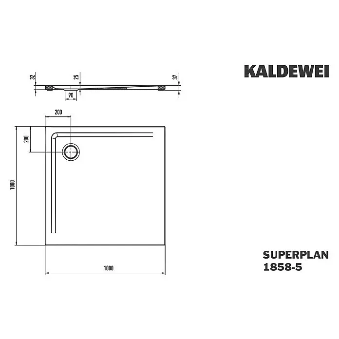 Kaldewei Duschwannen-Set Superplan 1858-5 - L x B: 100 x 100 cm, Stahl, Weiß, Wannenträger, Extraflach - Technische Zeichnung einer quadratischen Duschwanne mit Maßen, 1000x1000 mm, und zentralem Ablauf.