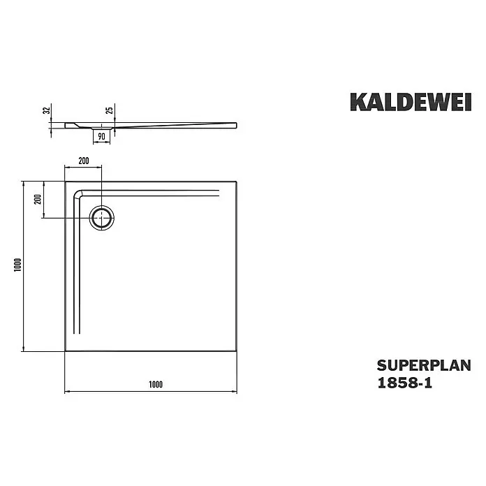 Kaldewei Duschwanne Superplan 1858-1 - L x B: 100 x 100 cm, Stahl, Weiß - Technische Zeichnung der KALDEWEI SUPERPLAN 1858-1 Duschwanne, 1000x1000 mm, quadratisch mit Eckablauf, Höhe 32 mm.