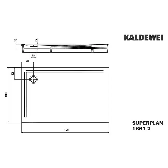 Kaldewei Duschwannen-Set Superplan - L x B: 100 x 150 cm, Stahl, Weiß, Wannenträger - Kaldewei SUPERPLAN 1861-2 Duschwanne, 1500x1000mm, mit integriertem Eckablauf (200x200mm). Gesamthöhe 32mm.