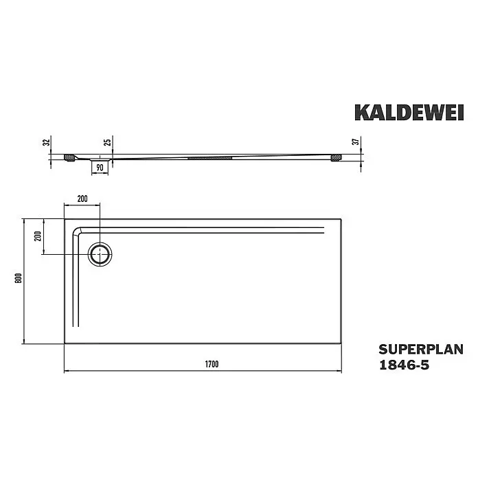 Kaldewei Duschwannen-Set Superplan 1846-5 - L x B: 80 x 170 cm, Stahl, Weiß, Wannenträger, Extraflach - Kaldewei Superplan Duschwanne technische Zeichnung, Maße 1700x800 mm, mit 90 mm Abfluss.