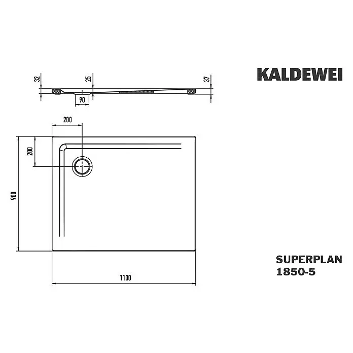 Kaldewei Duschwannen-Set Superplan 1850-5 - L x B: 90 x 110 cm, Stahl, Weiß, Wannenträger, Extraflach - Technische Zeichnung einer Kaldewei SUPERPLAN 1850-5 Duschwanne mit Gesamtmaßen 1100x900 mm.
