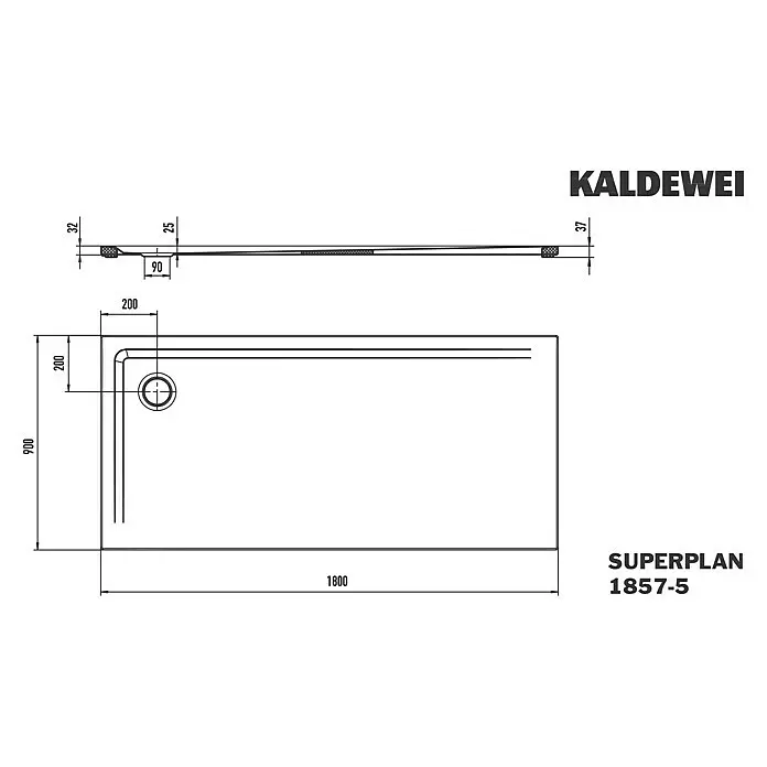 Kaldewei Duschwannen-Set Superplan 1857-5 - L x B: 90 x 180 cm, Stahl, Weiß, Wannenträger, Extraflach - KALDEWEI SUPERPLAN 1857-5 rechteckige Duschwanne, 1800x900 mm, mit Ablauf an der Seite und schlankem Profil. Technische Zeichnung.