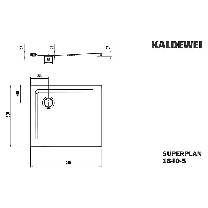 Kaldewei Duschwannen-Set Superplan 1840-5 - L x B: 80 x 90 cm, Stahl, Weiß, Wannenträger, Extraflach - Technische Zeichnung einer rechteckigen Duschwanne Kaldewei Superplan 1840-5, Draufsicht und Seitenansicht mit Maßen 800x900mm.
