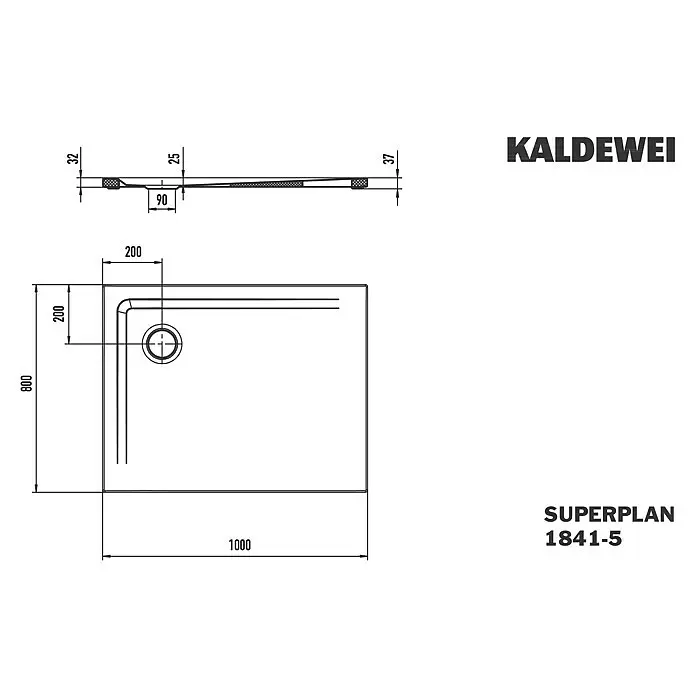 Kaldewei Duschwannen-Set Superplan 1841-5 - L x B: 80 x 100 cm, Stahl, Weiß, Wannenträger, Extraflach - Technische Zeichnung einer KALDEWEI SUPERPLAN Duschwanne, 1000x800mm, mit Eckablauf.