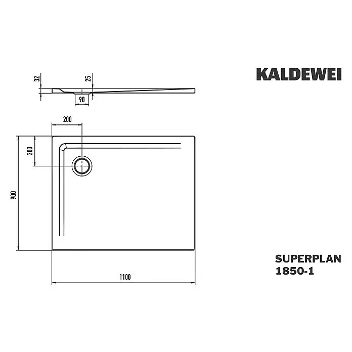Kaldewei Duschwanne Superplan 1850-1 - L x B: 90 x 110 cm, Stahl, Weiß - Maßzeichnung einer KALDEWEI SUPERPLAN 1850-1 Duschwanne mit Abmessungen.