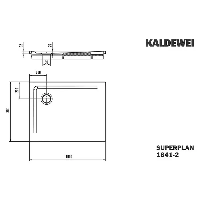 Kaldewei Duschwannen-Set Superplan - L x B: 80 x 100 cm, Stahl, Weiß, Wannenträger - Technische Zeichnung einer rechteckigen Kaldewei Superplan 1841-2 Duschwanne, 1000x800mm, 32mm Bauhöhe, mit Eckablauf.