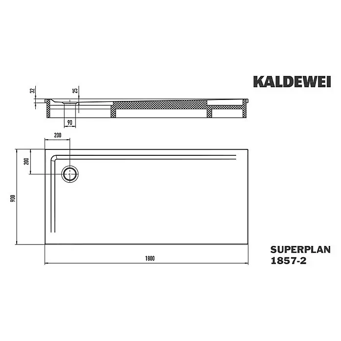 Kaldewei Duschwannen-Set Superplan - L x B: 90 x 180 cm, Stahl, Weiß, Wannenträger - Kaldewei SUPERPLAN 1857-2 Duschwanne technische Zeichnung, 1800x900mm, mit integriertem Ablauf. Querschnitt zeigt 32mm Gesamthöhe.