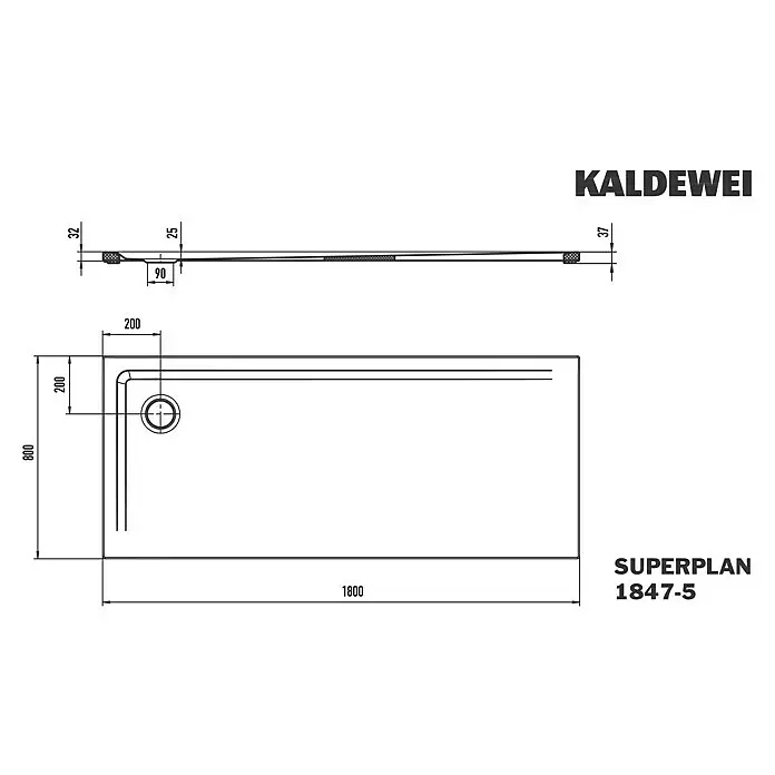 Kaldewei Duschwannen-Set Superplan 1847-5 - L x B: 80 x 180 cm, Stahl, Weiß, Wannenträger, Extraflach - Technische Zeichnung einer Kaldewei Superplan Duschwanne, 1800x800mm, mit Ablauf. Seiten- und Draufsicht zeigen Maße.