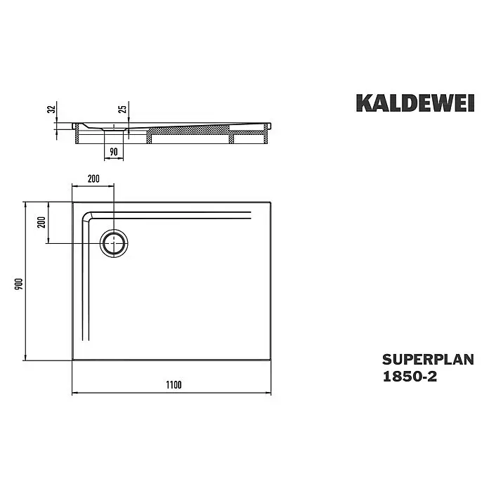 Kaldewei Duschwannen-Set Superplan - L x B: 90 x 110 cm, Stahl, Weiß, Wannenträger - Technische Zeichnung einer rechteckigen Duschwanne, Kaldewei Superplan 1850-2, Maße 1100x900x32 mm mit Eckablauf.