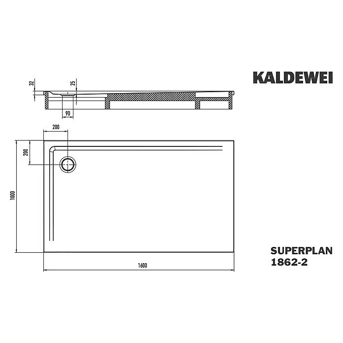 Kaldewei Duschwannen-Set Superplan - L x B: 100 x 160 cm, Stahl, Weiß, Wannenträger - Rechteckige Duschwanne (1600x1000mm) mit flachem Profil (32mm Höhe) und Eckablauf.