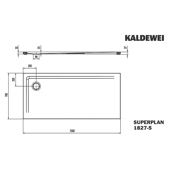 Kaldewei Duschwannen-Set Superplan 1827-5 - L x B: 70 x 150 cm, Stahl, Weiß, Wannenträger, Extraflach - Technische Zeichnung einer rechteckigen KALDEWEI SUPERPLAN 1827-5 Duschwanne mit Maßen.