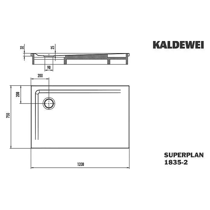 Kaldewei Duschwannen-Set Superplan - L x B: 75 x 120 cm, Stahl, Weiß, Wannenträger - Technische Zeichnung einer rechteckigen Duschwanne Kaldewei Superplan 1835-2, mit Draufsicht und Seitenansicht samt Maßen 1200x750mm.