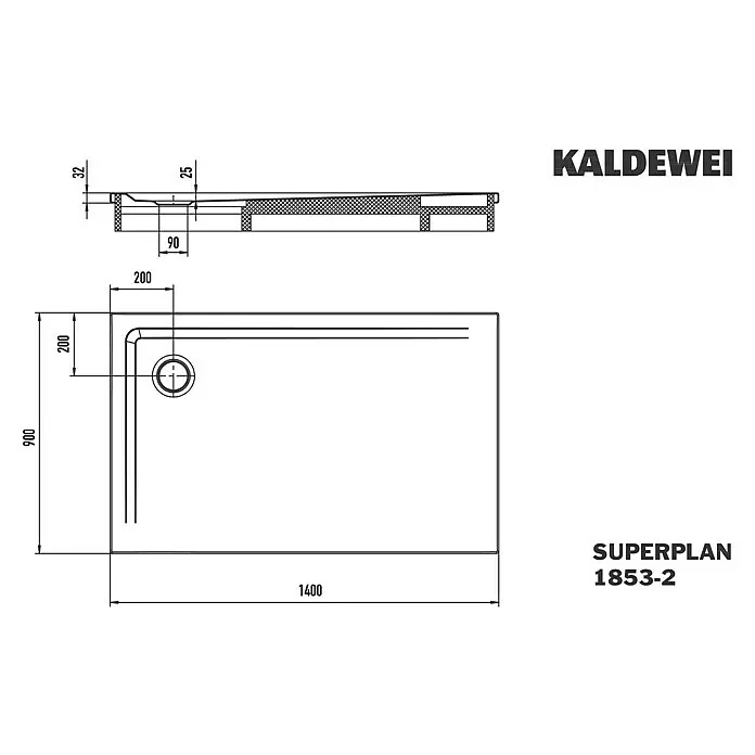 Kaldewei Duschwannen-Set Superplan - L x B: 90 x 140 cm, Stahl, Weiß, Wannenträger - Technische Zeichnung einer rechteckigen Kaldewei SUPERPLAN 1853-2 Duschwanne (1400x900mm) mit Abfluss- und Höhendetails.