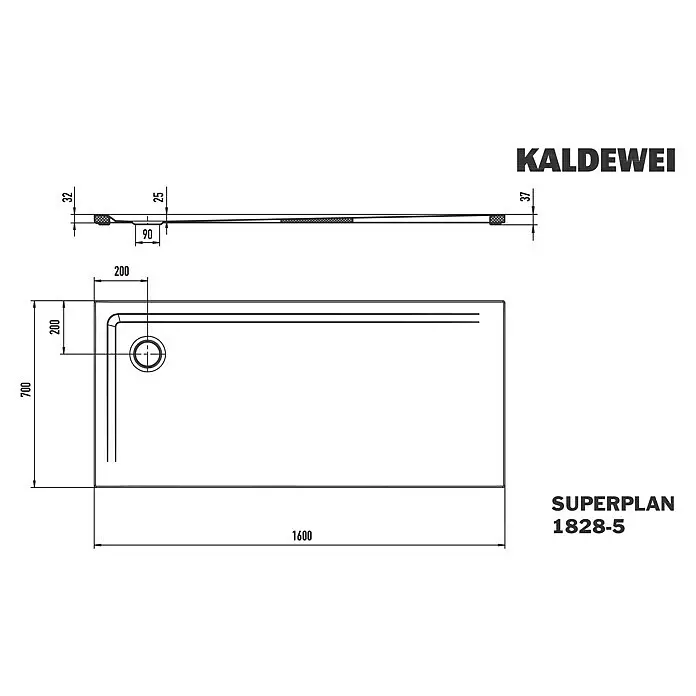 Kaldewei Duschwannen-Set Superplan 1828-5 - L x B: 70 x 160 cm, Stahl, Weiß, Wannenträger, Extraflach - Technische Zeichnung einer rechteckigen KALDEWEI SUPERPLAN Duschwanne, 1600x700 mm, mit seitlichem Ablauf.