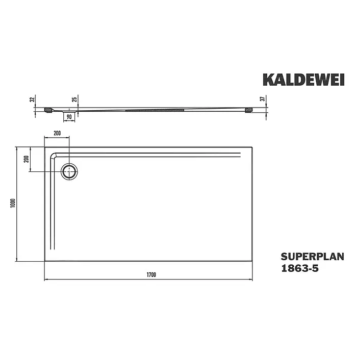 Kaldewei Duschwannen-Set Superplan 1863-5 - L x B: 100 x 170 cm, Stahl, Weiß, Wannenträger, Extraflach - Technische Zeichnung der Kaldewei Superplan Duschwanne 1863-5 mit Abmessungen für die Badplanung. Ideal für barrierefreie Bäder.
