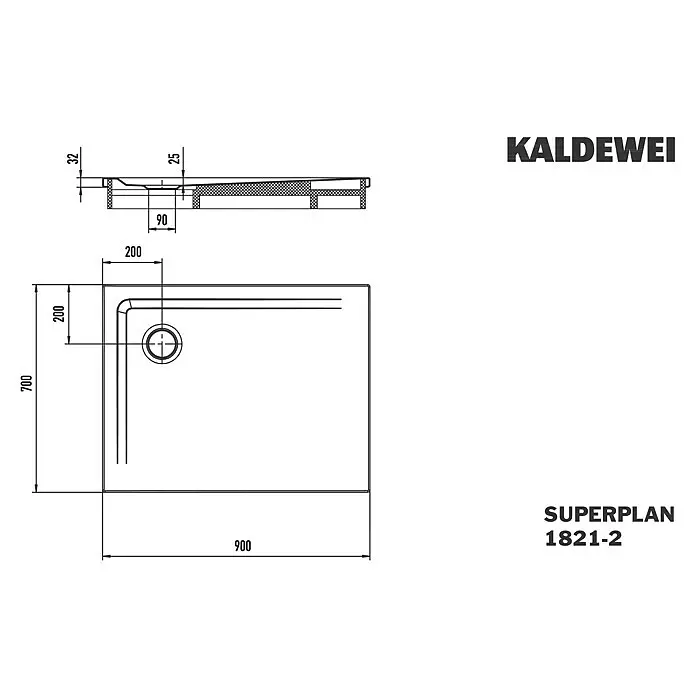 Kaldewei Duschwannen-Set Superplan - L x B: 70 x 90 cm, Stahl, Weiß, Wannenträger - Technische Zeichnung einer rechteckigen Duschwanne, 900x700 mm, mit seitlichem Ablauf.