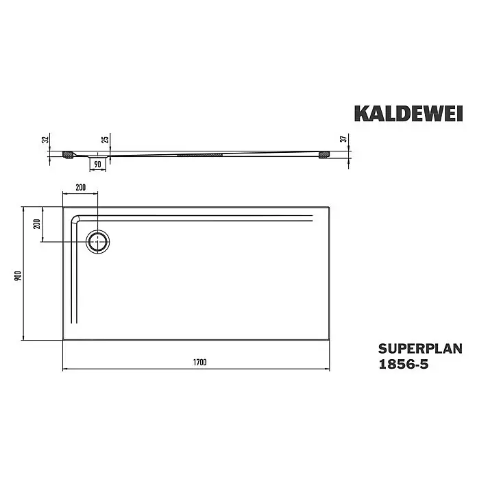 Kaldewei Duschwannen-Set Superplan 1856-5 - L x B: 90 x 170 cm, Stahl, Weiß, Wannenträger, Extraflach - KALDEWEI Superplan Duschwanne 1856-5, technische Zeichnung mit Maßen und Ablaufposition.