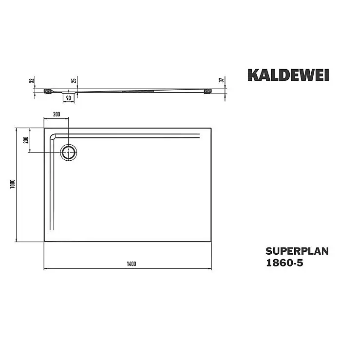 Kaldewei Duschwannen-Set Superplan 1860-5 - L x B: 100 x 140 cm, Stahl, Weiß, Wannenträger, Extraflach - Kaldewei SUPERPLAN flache Duschwanne 1400x1000 mm mit Ablauf an der Längsseite.