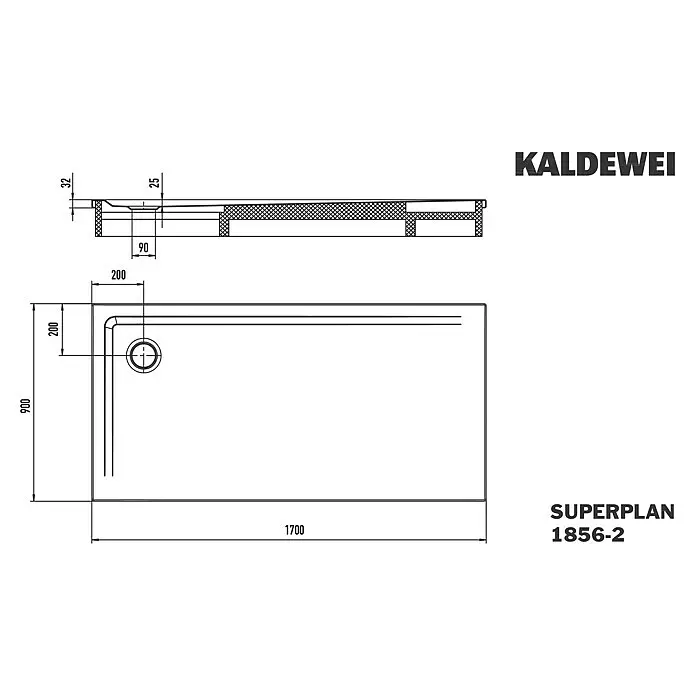 Kaldewei Duschwannen-Set Superplan - L x B: 90 x 170 cm, Stahl, Weiß, Wannenträger - Technischer Zeichnung einer rechteckigen KALDEWEI SUPERPLAN Duschwanne, 1700x900 mm, mit Ablauf 200x200 mm von der Ecke und 32 mm Höhe.