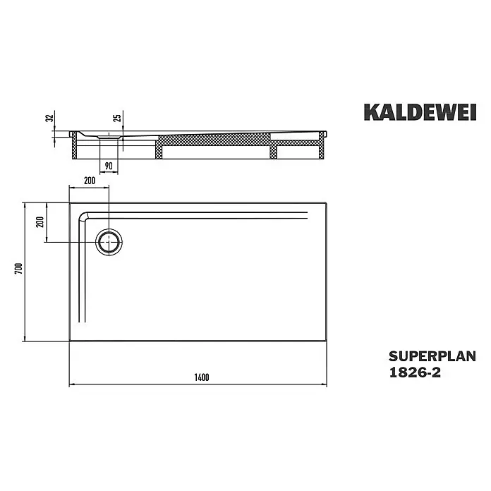 Kaldewei Duschwannen-Set Superplan - L x B: 70 x 140 cm, Stahl, Weiß, Wannenträger - Rechteckige Kaldewei Duschtasse, 1400x700mm, mit Ablauf. Technische Zeichnung.