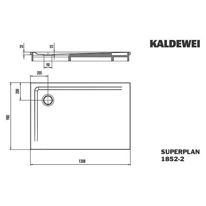 Kaldewei Duschwannen-Set Superplan - L x B: 90 x 130 cm, Stahl, Weiß, Wannenträger - Rechteckige Duschwanne, technische Zeichnung 1300x900mm, mit Ablauf und Tiefenmaßen.