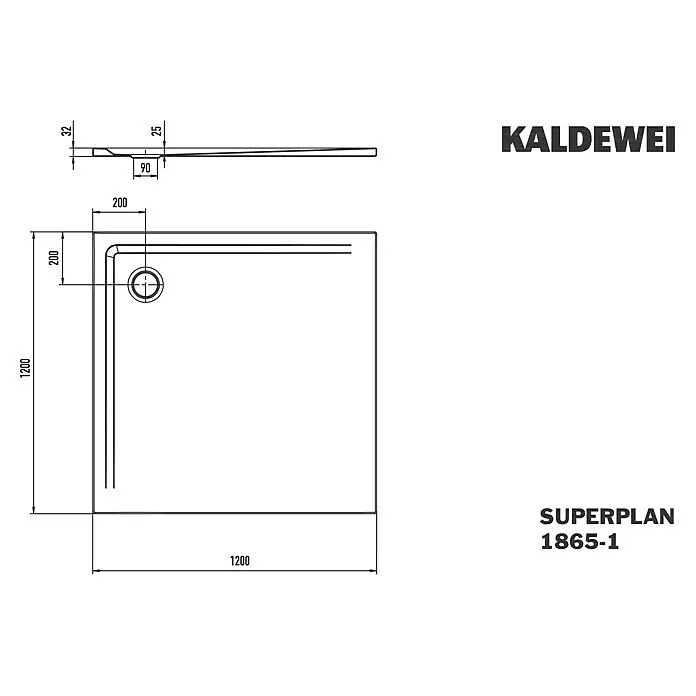 Kaldewei Duschwanne Superplan 1865-1 - L x B: 120 x 120 cm, Stahl, Weiß - Technische Zeichnung einer quadratischen Duschwanne, 1200x1200 mm, 32 mm tief, mit Eckablauf 200 mm von den Rändern.