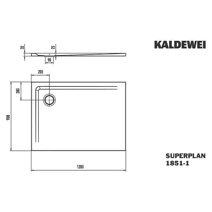 Kaldewei Duschwanne Superplan 1851-1 - L x B: 90 x 120 cm, Stahl, Weiß - Technische Zeichnung einer KALDEWEI SUPERPLAN 1851-1 Duschwanne, 1200x900 mm mit 32mm Höhe und 90mm Ablauf.