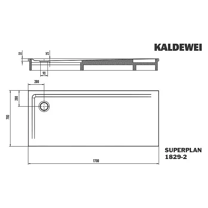Kaldewei Duschwannen-Set Superplan - L x B: 70 x 170 cm, Stahl, Weiß, Wannenträger - Technische Zeichnung einer rechteckigen Duschwanne, Kaldewei Superplan 1829-2, mit Maßen 1700x700 mm und Abflussdetails.