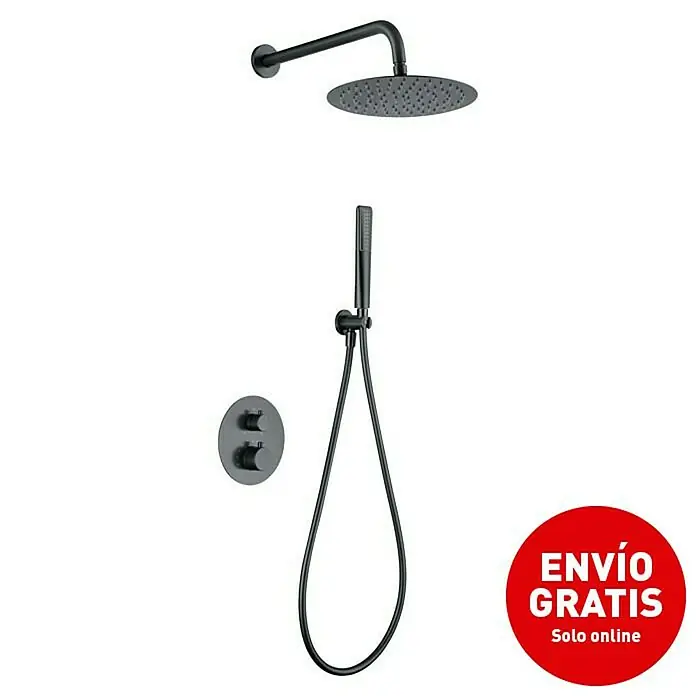 Imex Nápoles Sistema de ducha empotrado - Black gun - Imagen de un conjunto de ducha negro mate, que incluye un cabezal de lluvia, una ducha de mano y un termostato.