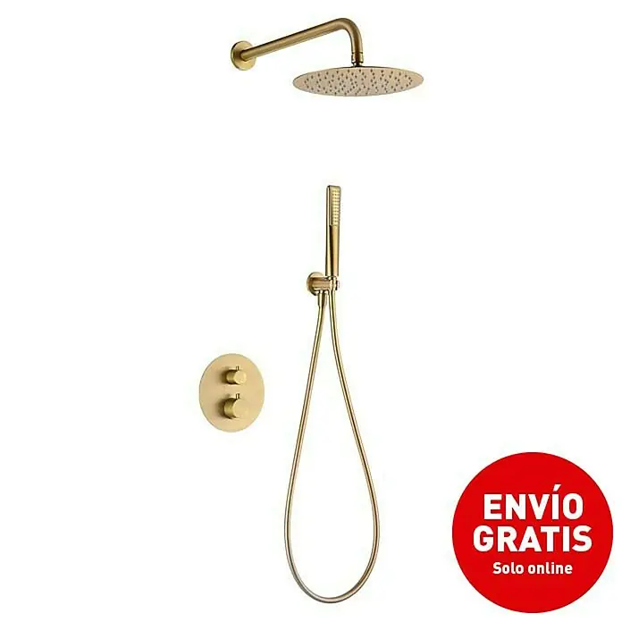 Imex Nápoles Sistema de ducha empotrado - Oro - Imagen del producto de un juego de ducha dorado con ducha fija, ducha de mano y control.