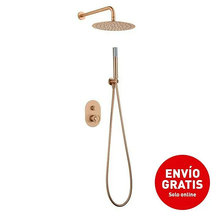 Imex Olimpo Sistema de ducha empotrado - Oro rosa - Imagen de un conjunto de ducha en oro rosa con ducha de lluvia, teleducha y termostato. El conjunto de ducha es para un baño moderno.